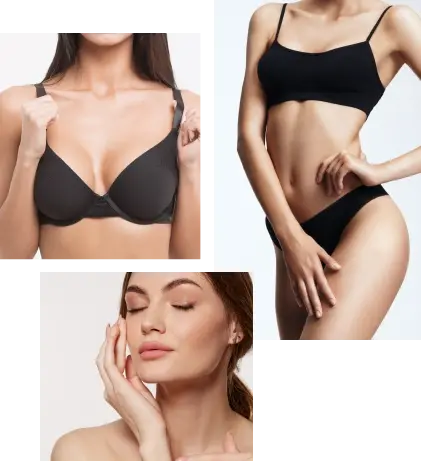 Three women: one in black bra showing upper torso, one with eyes closed touching her face, one in black bra and underwear with hand on hip